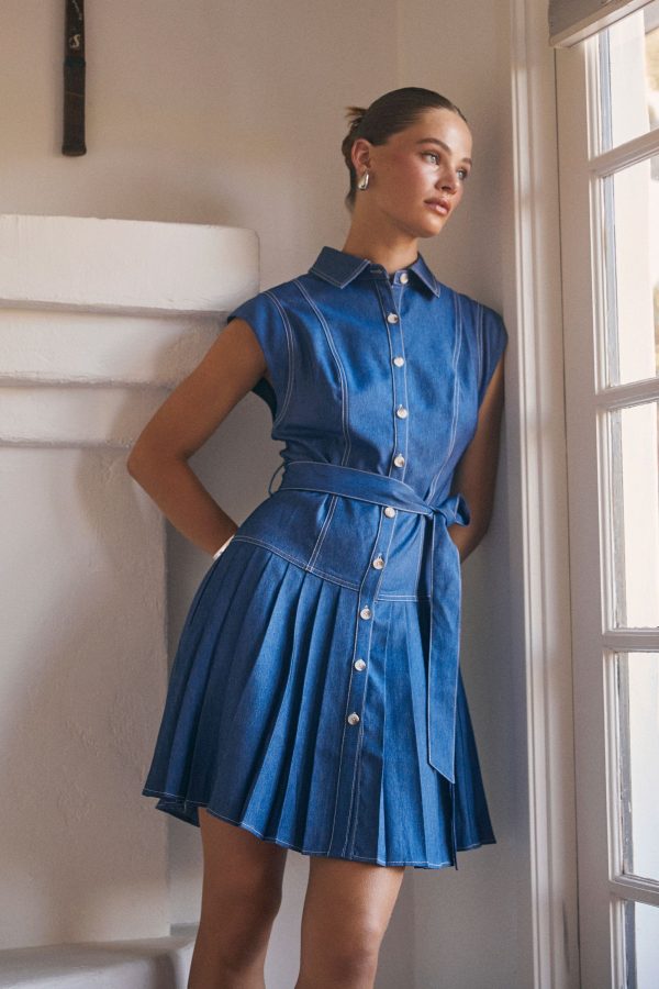 Contrast Stitch Pleated Mini Dress - DENIM BLUE / S