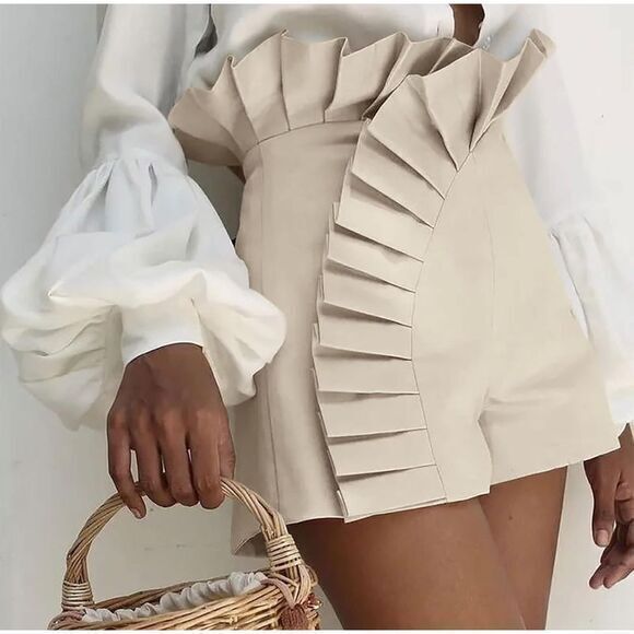 Commense Shorts | Commense Asymmetrical Cream High-Waisted Shorts With Pleated Ruffle Detail S | Color: Tan | Size: S