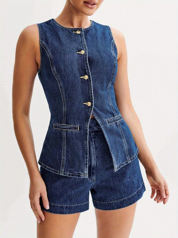 Women's Denim Long Vest Tops Button-Up Back Slit Sleeveless Pocket Round Neck Waistcoat