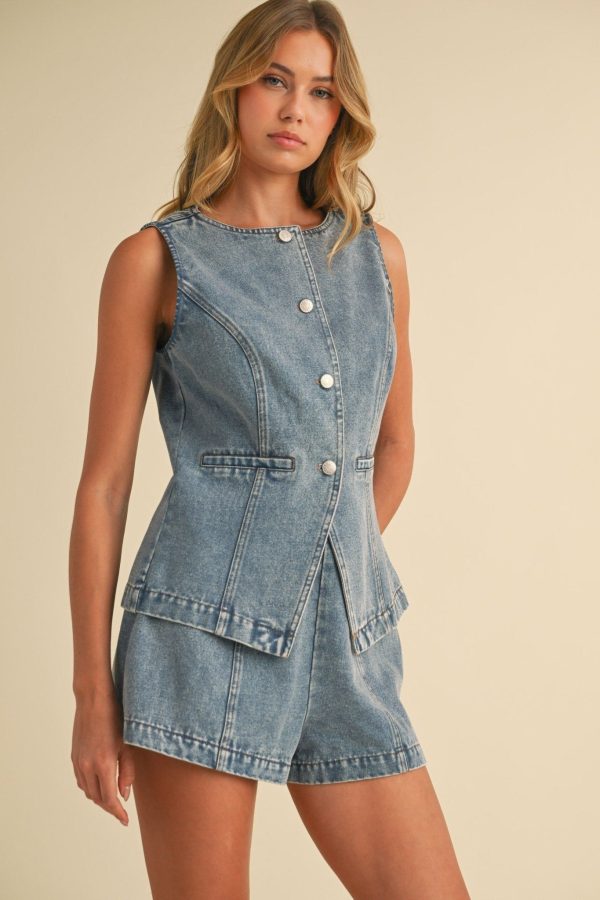 Denim Button Down Vest Shorts Set - Large