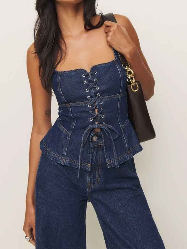 European and American style women's clothing new fashion all-match solid color strap washed