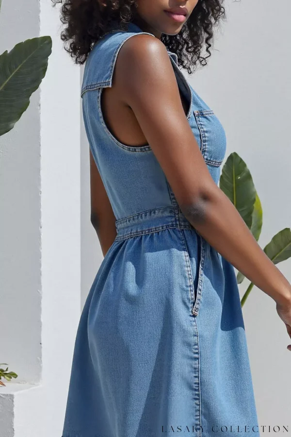 Chic Denim Mini Dress with Button Front and Frayed Hemline