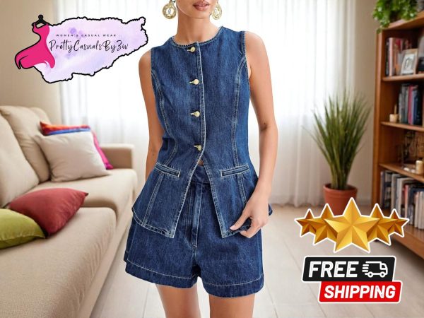 Women's Denim Vest and Shorts | Buttoned Sleeveless Top | High-Waisted Summer Casual Outfit | Comfortable Everyday Wear | Perfect Gift Idea