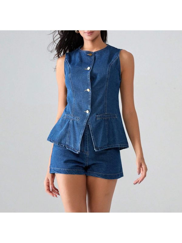 Women's Casual Denim Long Vest Tops Button-Up Back Slit Sleeveless Pocket Round Neck Waistcoat