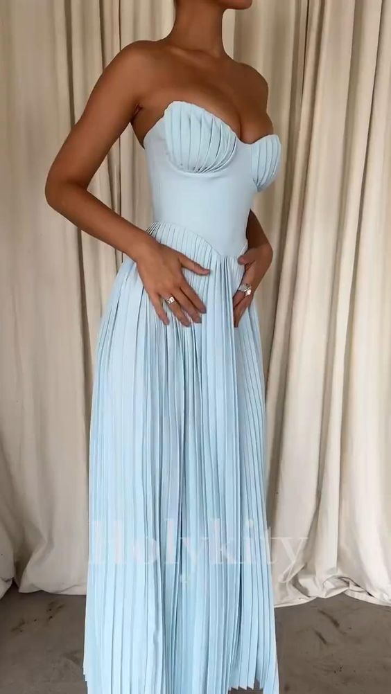 Strapless Cinch Waist Pleated Maxi Dresses