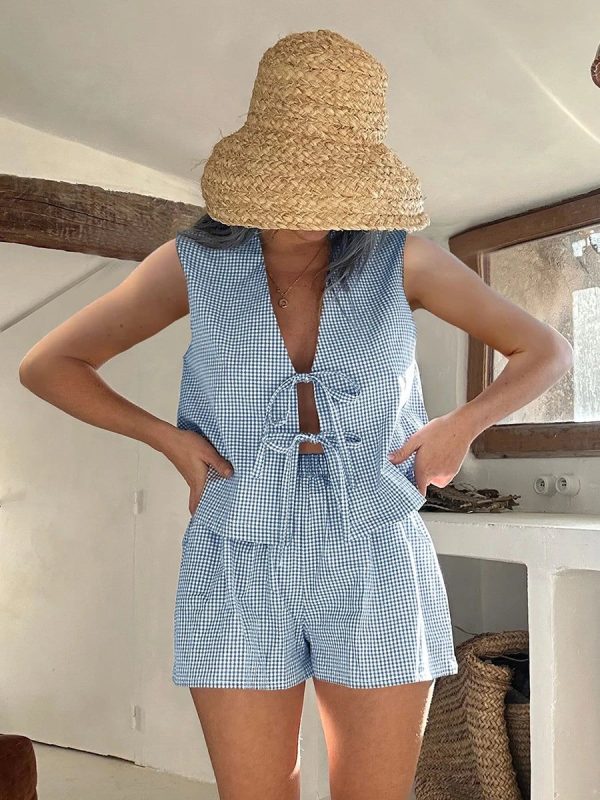 Plaid Tie Front Vest Crop Top - blue M