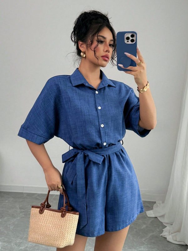Women's Loose Fitting Short Sleeve Faux Denim Jumpsuit