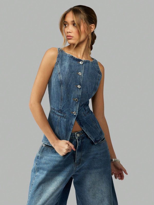 Womens Sleeveless Denim Vest Button-Front Western Style Cinched Waist Jean Waistcoat Fall Layering Top