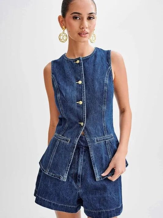 Confident Style Denim Sleeveless Vest and Short Set - L / Navy