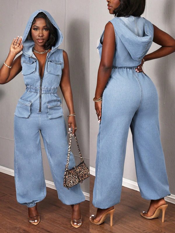 Women's Denim Overalls Jumpsuits Slim Fit Hooded Overalls With Pockets Blue Street Style Jumpsuits For Women Women's Summer Outfits Festival Rave Denim Overalls