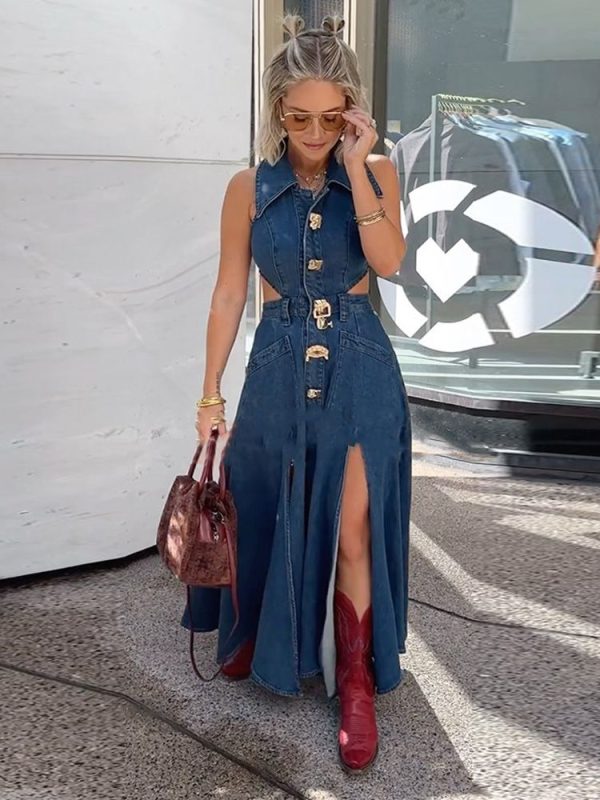 Hollow Out Split Denim Dress Lapel Slim Fit Waist Cinched Large Skirt Hem Golden Button Cowboy Long