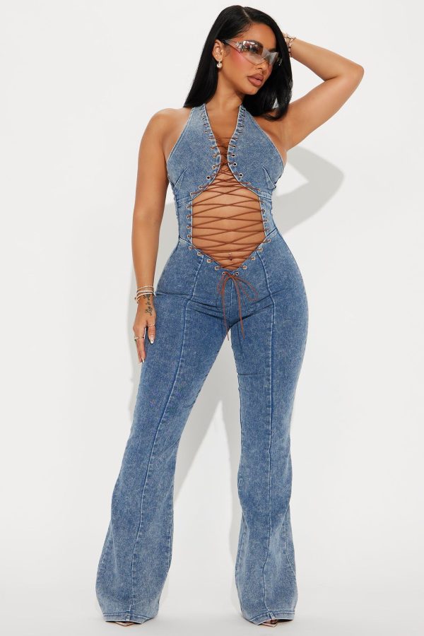 Women's Capri Denim Washed Jumpsuit in Medium Wash