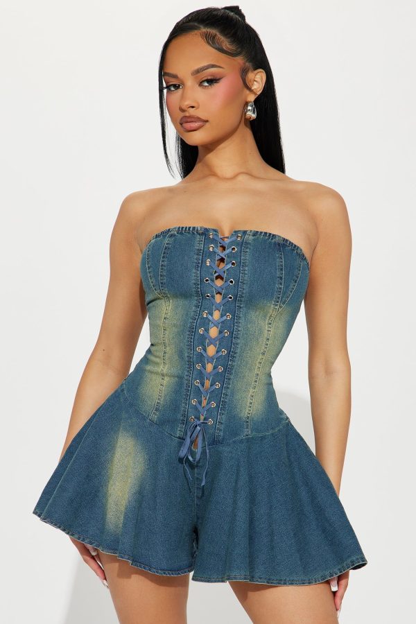 Look This Way Denim Romper - Medium Wash | Fashion Nova