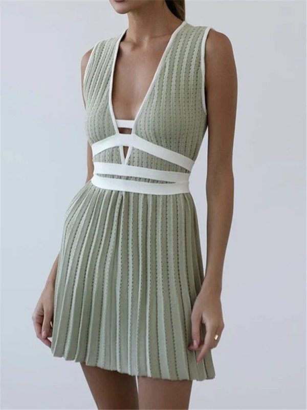 REALEFT Summer Deep V-Neck Knitted Women's Dresses High Waist Lace Up Casual Sleeveless Solid Sexy Mini Dresses Female Ladies - light green / One Size
