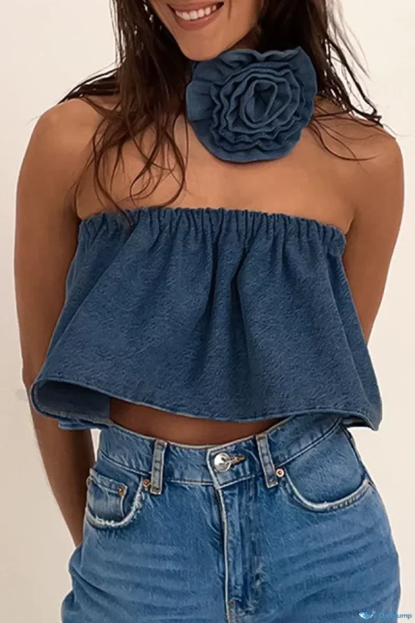 OrcaJump - Elegantes blusas sin tirantes de patchwork en azul real para un look seductor - Azul, One Size