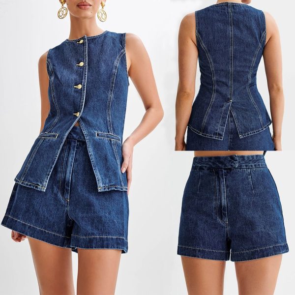 Summer Sleeveless Two Piece Sets Fashion Women Denim Single Breasted O-Neck Tops Shorts Pants Suit