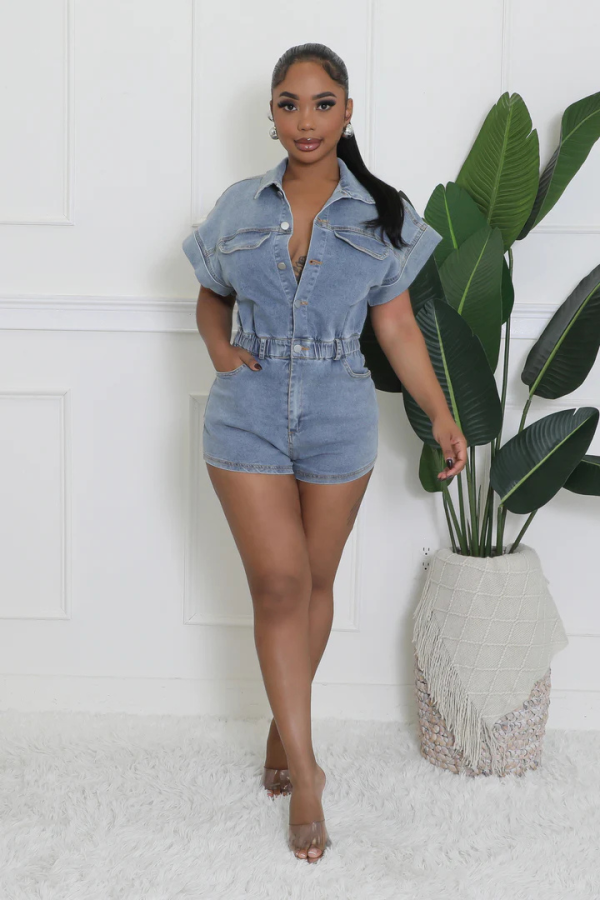 Women's Denim Collared Pockets Romper - M / Royal Blue