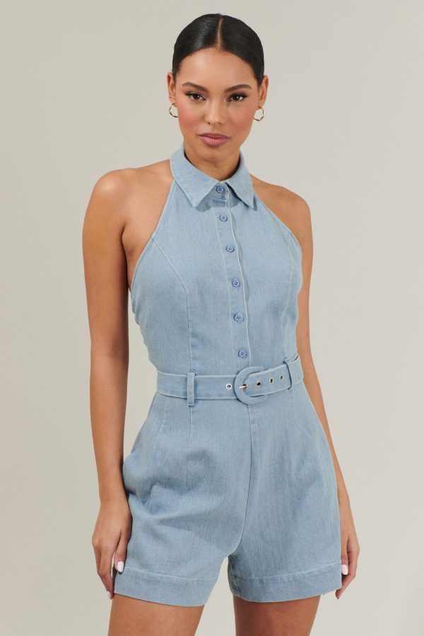 Roslyn Denim Halter Neck Romper - LT-DENIM / L