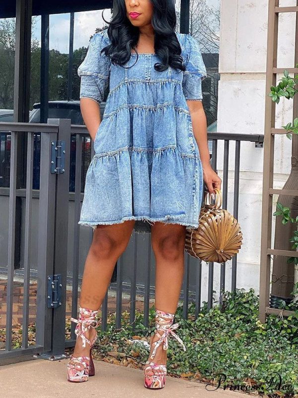 Denim Pockets Graceful Slit Skirt - Blue S