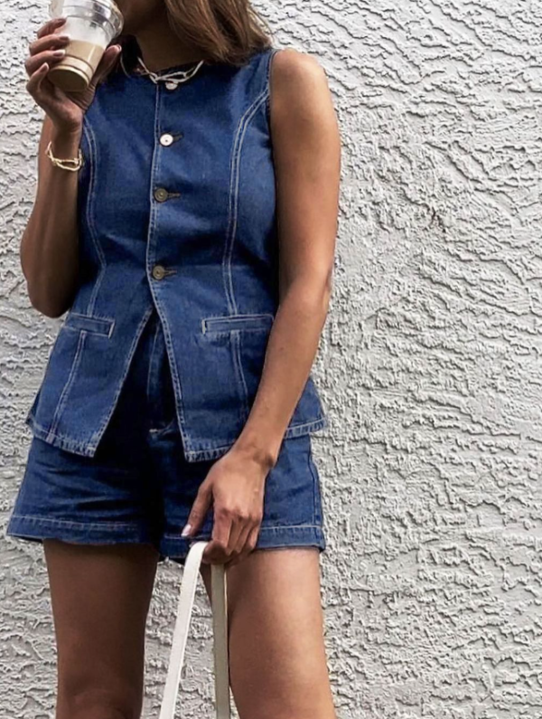 Denim peplum vest with shorts set