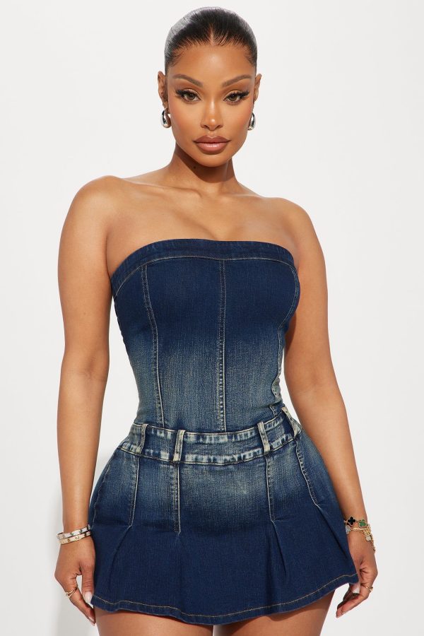 On Repeat Pleated Denim Romper - Dark Wash | Fashion Nova