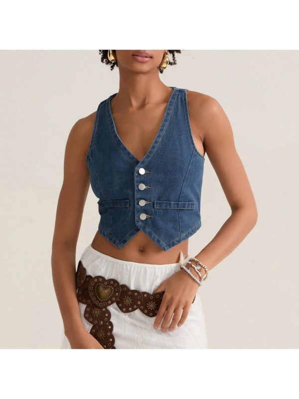 Women Casual Denim Vests Summer Button Front Sleeveless Tank Tops Streetwear