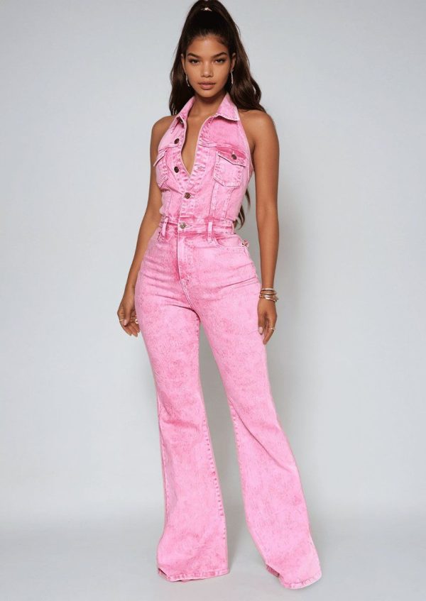 Pink Denim Jumpsuit - Pink / M
