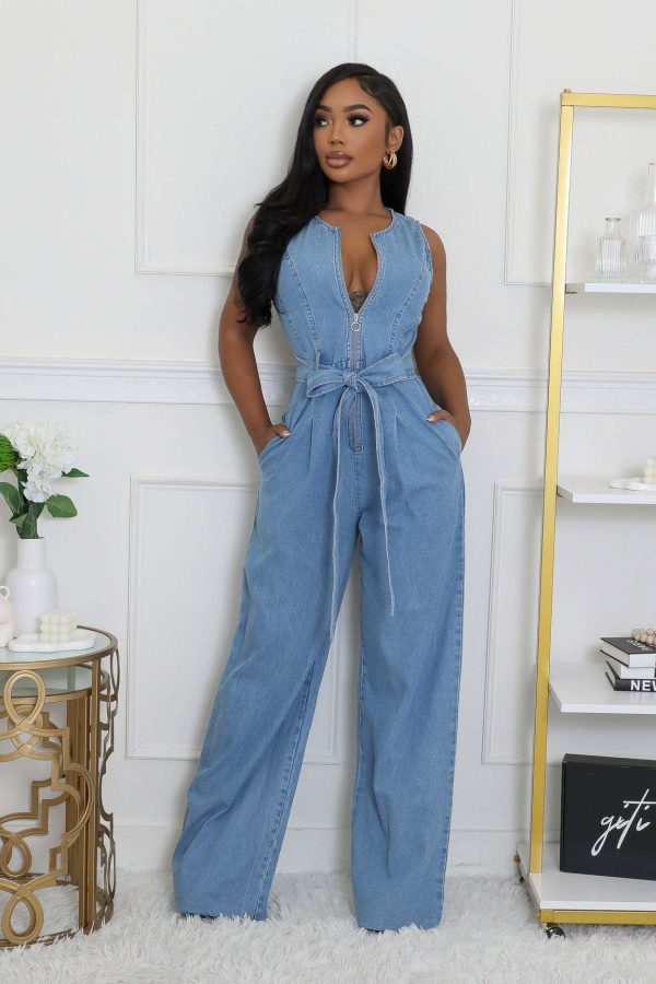 Wide Leg Denim Jumpsuit Sexy Women O-neck Elegant Jeans Straight Romper Overalls