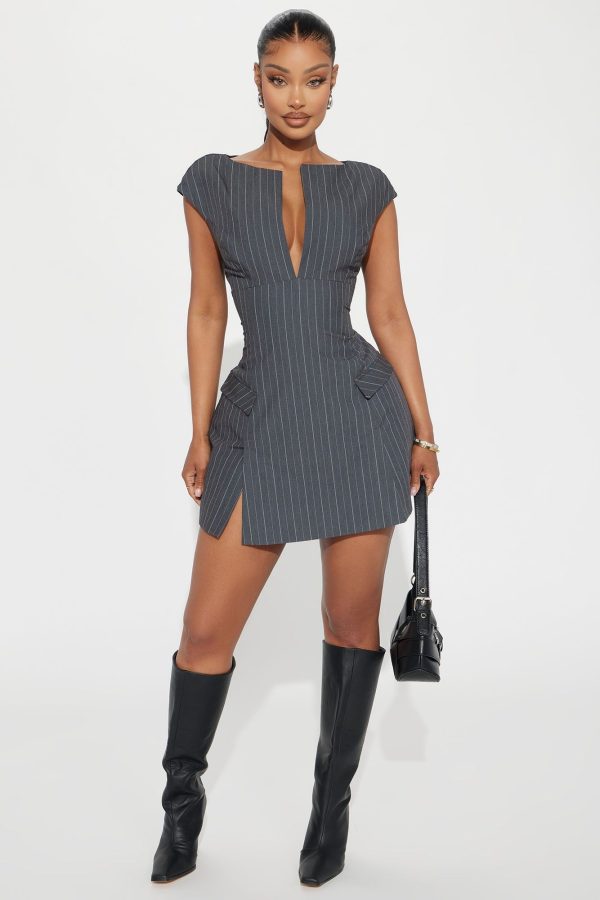 Ms.Confident Pinstripe Mini Dress - Charcoal | Fashion Nova
