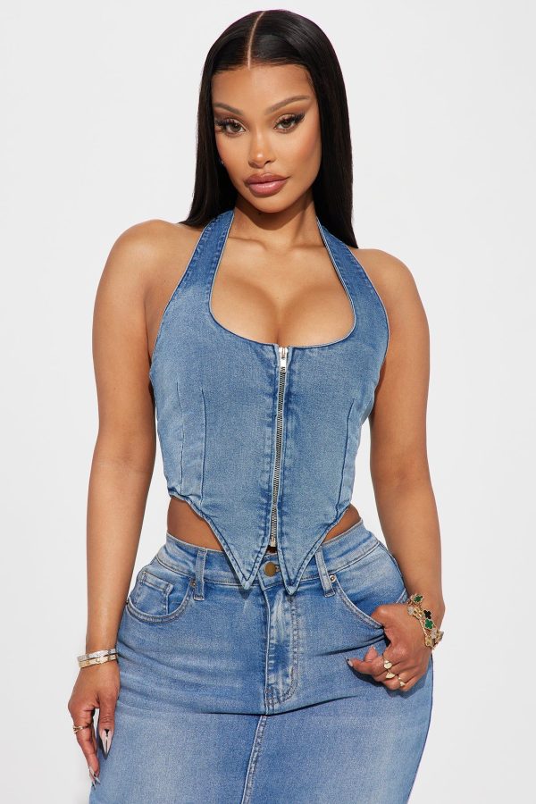 Dominique Denim Halter Top - Medium Wash | Fashion Nova
