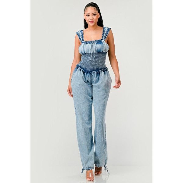 Chambray Charm Ruffled Jumpsuit - DENIM / S