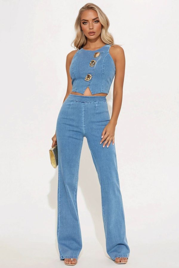 Women's The Savannah Denim Pant Set in Medium Wash Size Large