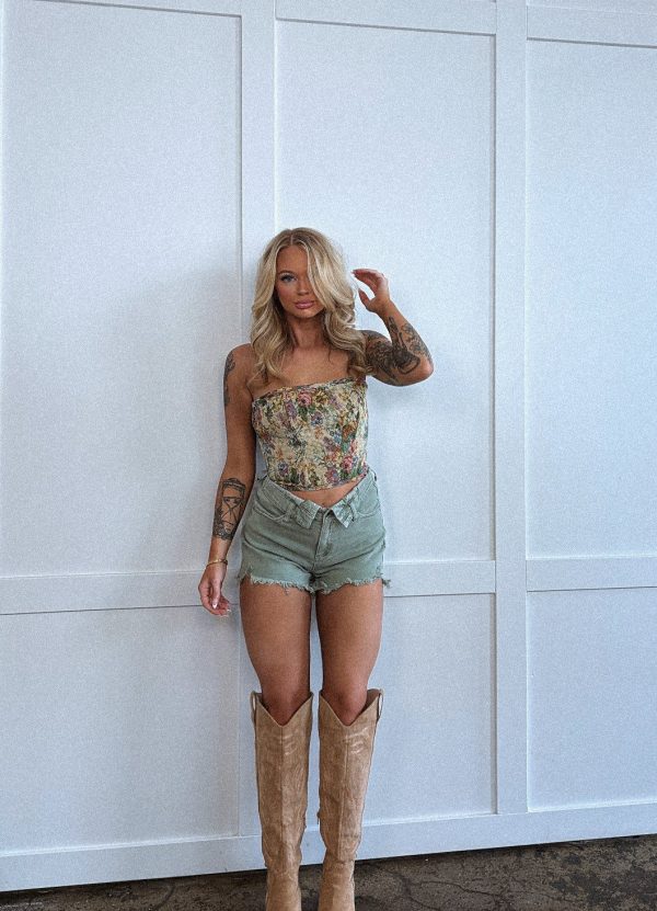 Fold Over Distressed Denim Shorts- Olive Green - XL / Green