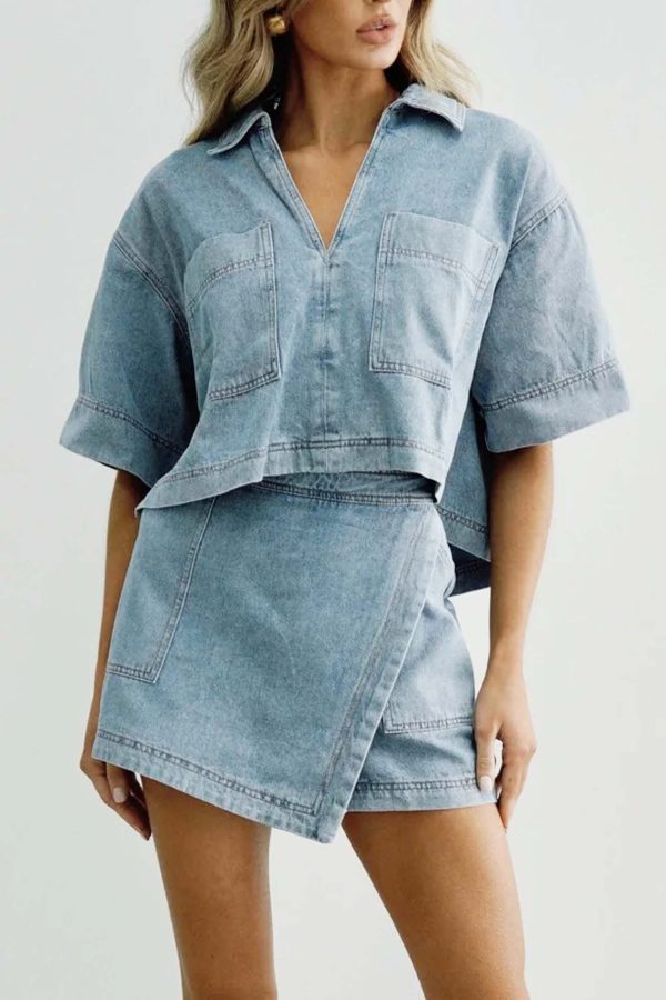 Denim Pocket V Neck Lapel Skorts Set - Blue / S