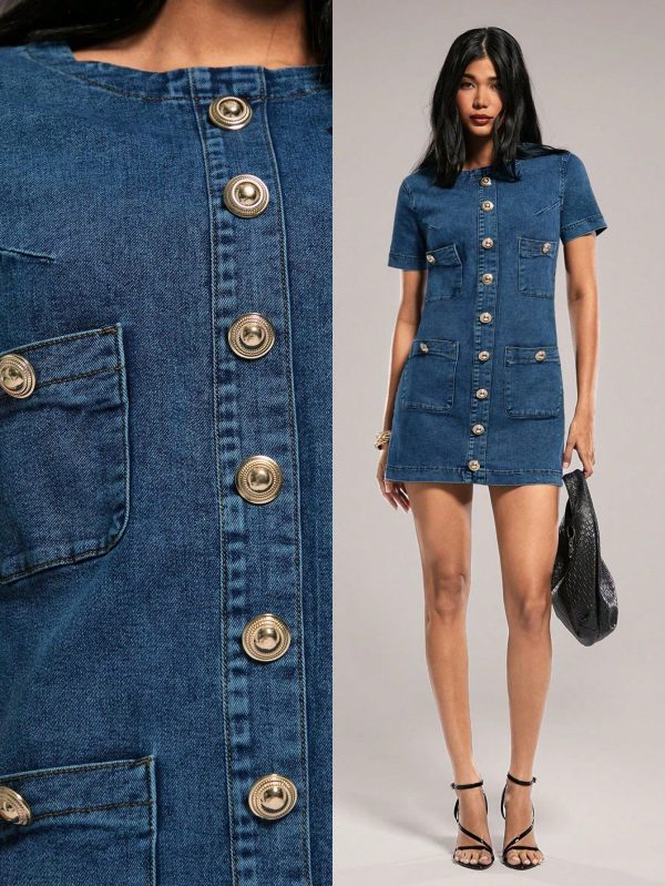Women Button Decor Pocket Casual Denim Mini Dress, Short Sleeve Round Neck