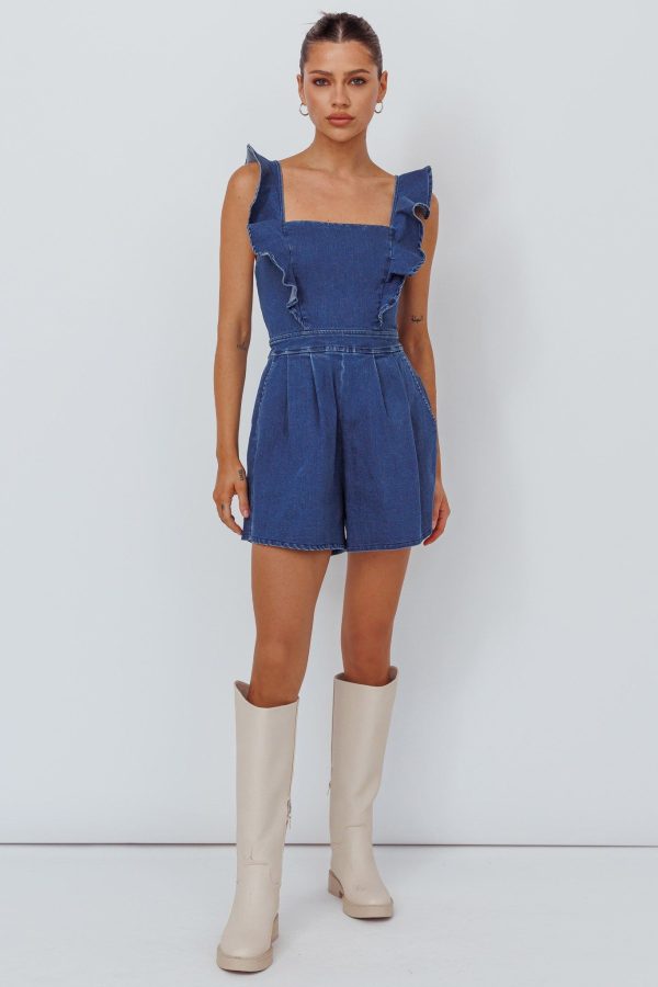 Nola Flared Ruffle Romper Light Denim - XS