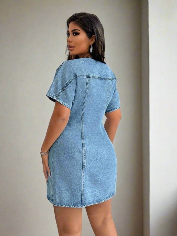 Summer Seduction: Women's Deep V-Neck Denim Dress - XXL
