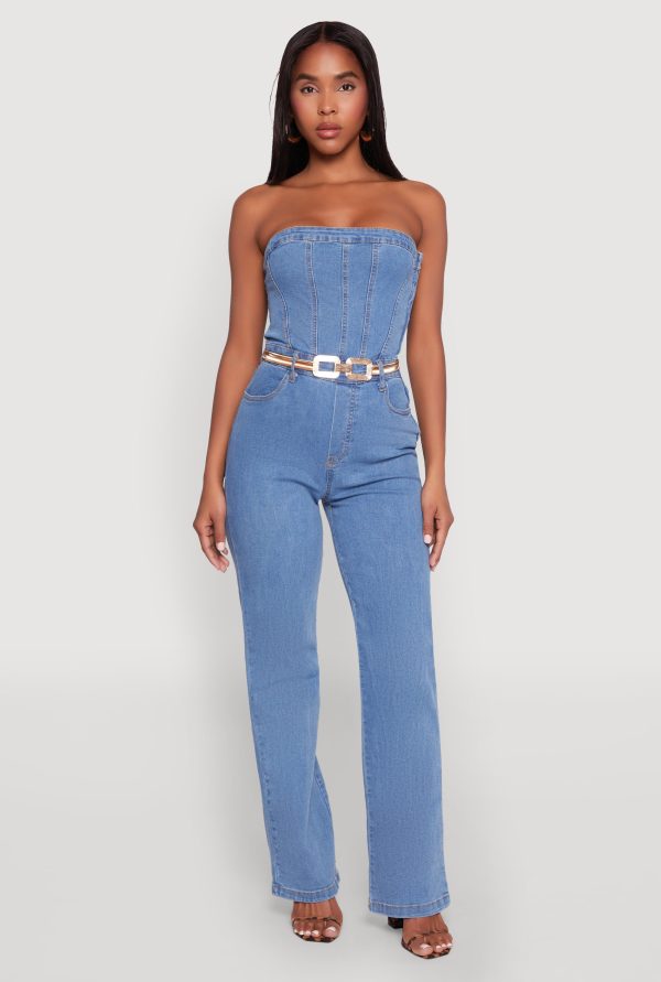 Womens Daisy Strapless Corset Denim Jumpsuit, Medium Wash, Size L
