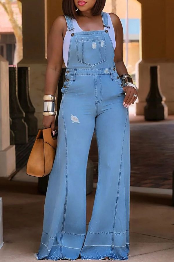 Cyflymder Plus Size Women's Jumpsuit Denim Pockets Overall Rompers Wide Leg Jeans Slim Streetwear Casual Fashion Jumpsuit for Women's - Blue / 5XL