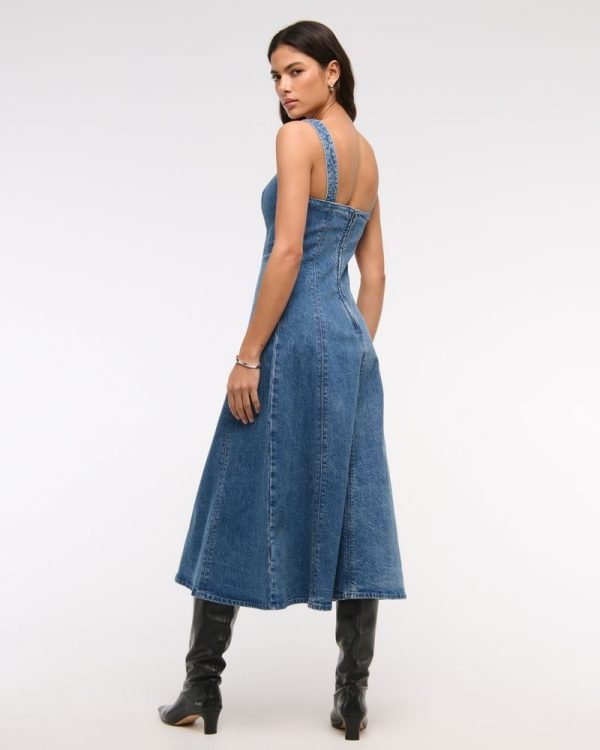 Women's The A&F Mila Denim Midi Dress in Medium Denim | Size XXL | Abercrombie & Fitch