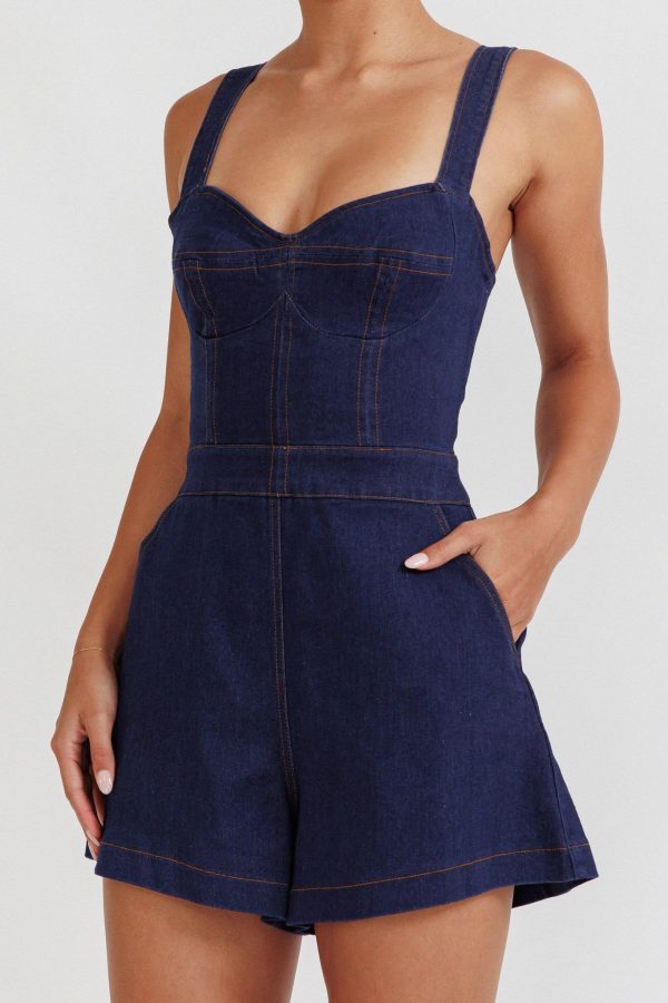 Tease Me Sweetheart Neckline Denim Romper Indigo - S