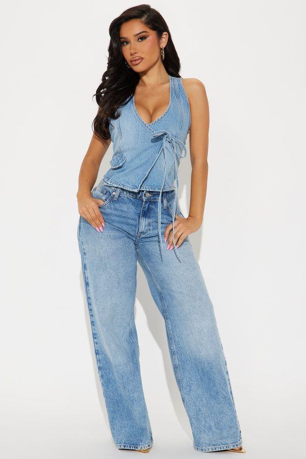 Women's Marie Crossover Denim Vest in Medium Wash Size XL