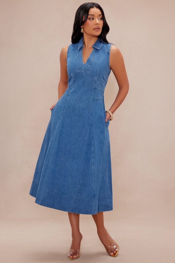 Women's Bella Denim Midi Maxi Dress in Medium Wash Size XS