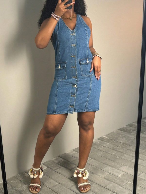 Women's Non-Stretch Denim Jumper Dress Slim Fit Button Down Strapless Dress - Sexy & Elegant Mature Style