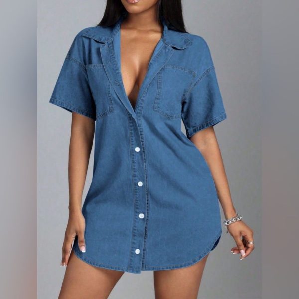 Button Down Collared Neck Denim Dress | Color: Blue | Size: Various