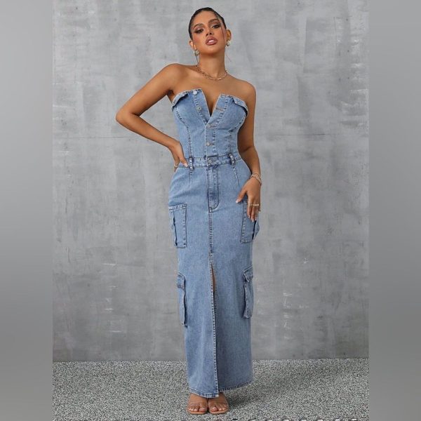 Slit Half Button Tube Denim Dress | Color: Blue | Size: Various