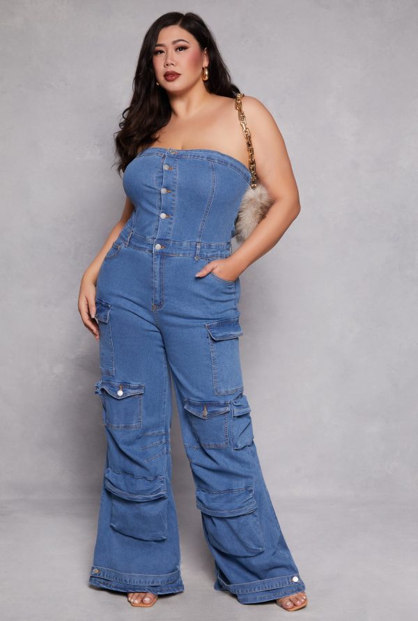 Womens Plus Size Daisy Denim Strapless Cargo Jumpsuit, Medium Wash, Size 2X