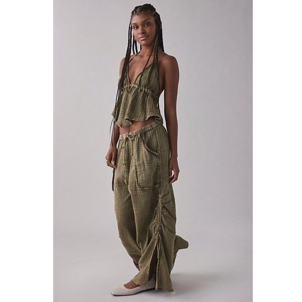 Out From Under Ocean Air Cinched Wide-Leg Gauze Pant in Olive, Women's at Urban Outfitters