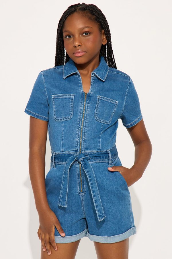 Kids' Mini Down For You Denim Romper in Medium Wash Size 10/12