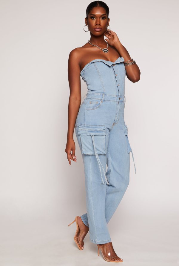 Womens Daisy Denim Cargo Strapless Jumpsuit, Light Wash, Size M